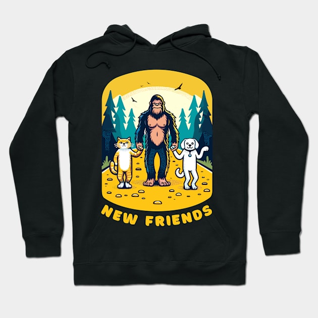 Big Foot Sasquatch becomes friends with a cat and a dog, funny t-shirt for lovers of cats, dogs and the outdoors. Hoodie by Cat In Orbit ®